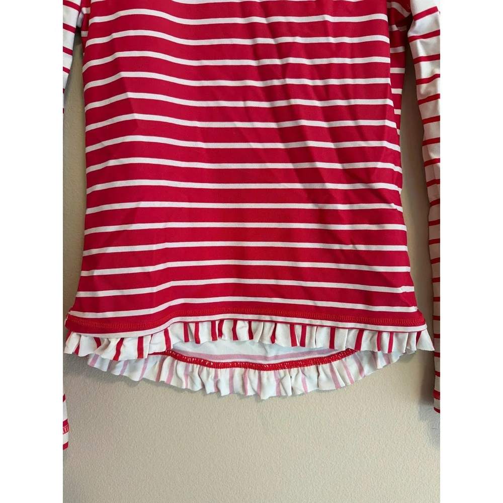 Hanna Andersson Girls Red White Striped Ruffle Rash Guard Swim Top Kids 10